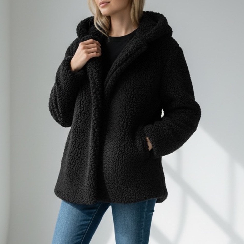 Nasty Gal Black Faux Fur Teddy Coat NWT Oversized Winter Jacket Y2K Medium‎